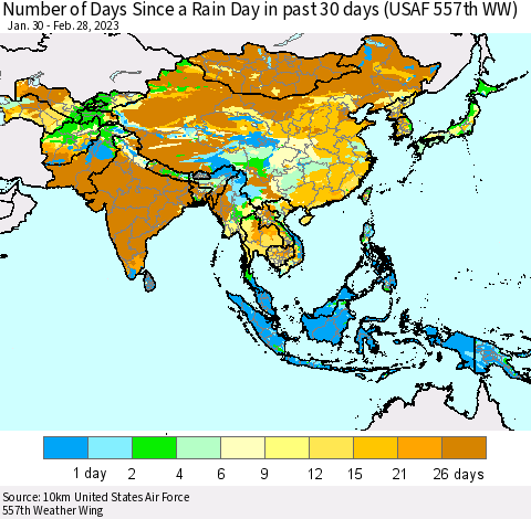 Asia Number of Days Since a Rain Day in past 30 days (USAF 557th WW) Thematic Map For 2/26/2023 - 2/28/2023