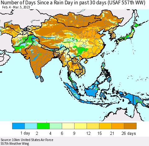 Asia Number of Days Since a Rain Day in past 30 days (USAF 557th WW) Thematic Map For 3/1/2023 - 3/5/2023