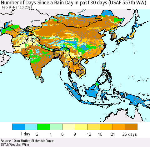 Asia Number of Days Since a Rain Day in past 30 days (USAF 557th WW) Thematic Map For 3/6/2023 - 3/10/2023