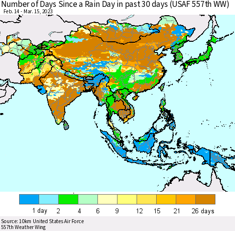Asia Number of Days Since a Rain Day in past 30 days (USAF 557th WW) Thematic Map For 3/11/2023 - 3/15/2023