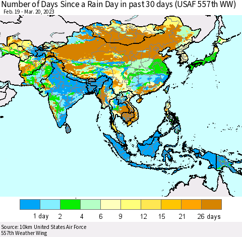 Asia Number of Days Since a Rain Day in past 30 days (USAF 557th WW) Thematic Map For 3/16/2023 - 3/20/2023