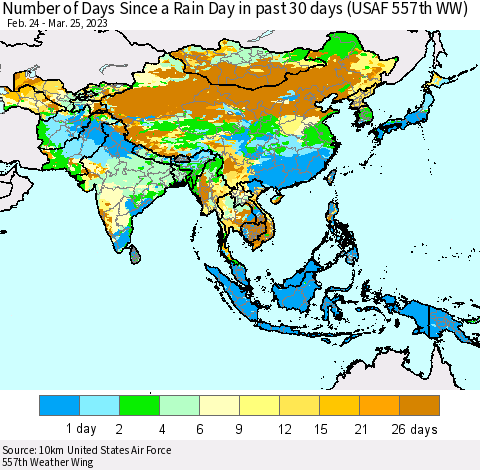 Asia Number of Days Since a Rain Day in past 30 days (USAF 557th WW) Thematic Map For 3/21/2023 - 3/25/2023