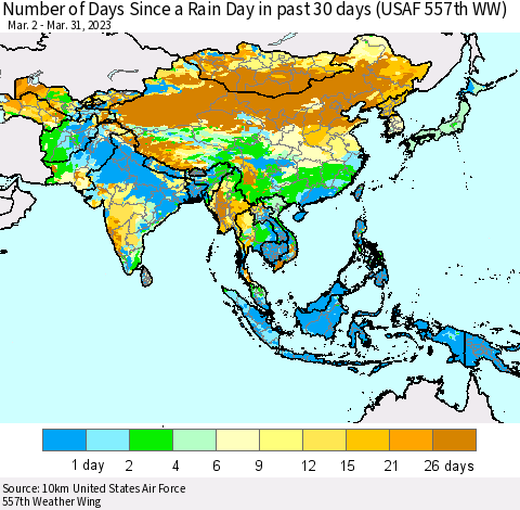 Asia Number of Days Since a Rain Day in past 30 days (USAF 557th WW) Thematic Map For 3/26/2023 - 3/31/2023