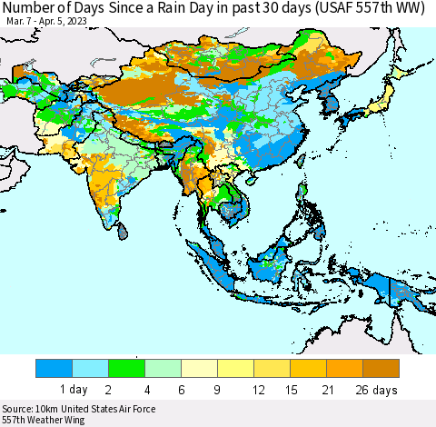 Asia Number of Days Since a Rain Day in past 30 days (USAF 557th WW) Thematic Map For 4/1/2023 - 4/5/2023