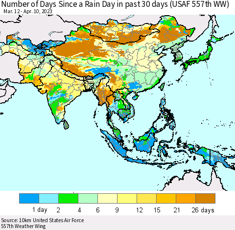 Asia Number of Days Since a Rain Day in past 30 days (USAF 557th WW) Thematic Map For 4/6/2023 - 4/10/2023