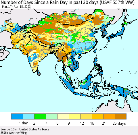 Asia Number of Days Since a Rain Day in past 30 days (USAF 557th WW) Thematic Map For 4/11/2023 - 4/15/2023