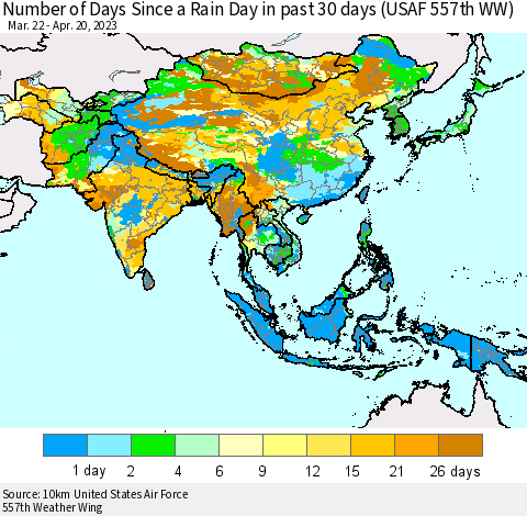 Asia Number of Days Since a Rain Day in past 30 days (USAF 557th WW) Thematic Map For 4/16/2023 - 4/20/2023
