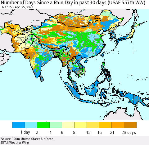 Asia Number of Days Since a Rain Day in past 30 days (USAF 557th WW) Thematic Map For 4/21/2023 - 4/25/2023