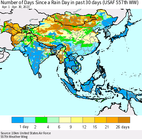 Asia Number of Days Since a Rain Day in past 30 days (USAF 557th WW) Thematic Map For 4/26/2023 - 4/30/2023