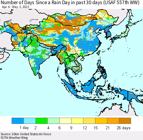 Asia Number of Days Since a Rain Day in past 30 days (USAF 557th WW) Thematic Map For 5/1/2023 - 5/5/2023