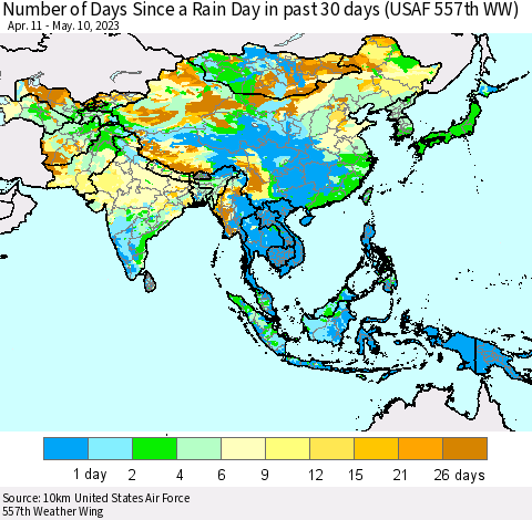 Asia Number of Days Since a Rain Day in past 30 days (USAF 557th WW) Thematic Map For 5/6/2023 - 5/10/2023