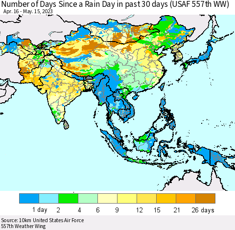 Asia Number of Days Since a Rain Day in past 30 days (USAF 557th WW) Thematic Map For 5/11/2023 - 5/15/2023