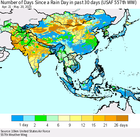 Asia Number of Days Since a Rain Day in past 30 days (USAF 557th WW) Thematic Map For 5/16/2023 - 5/20/2023
