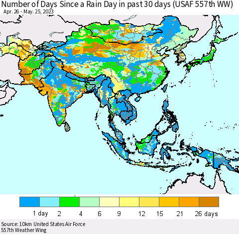 Asia Number of Days Since a Rain Day in past 30 days (USAF 557th WW) Thematic Map For 5/21/2023 - 5/25/2023