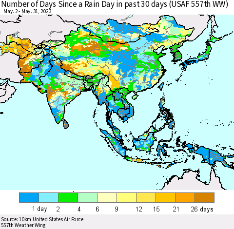 Asia Number of Days Since a Rain Day in past 30 days (USAF 557th WW) Thematic Map For 5/26/2023 - 5/31/2023