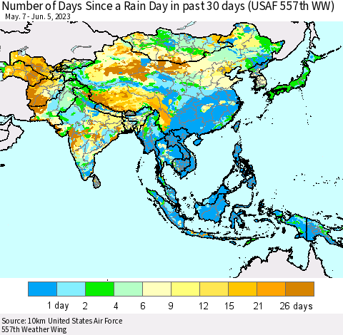 Asia Number of Days Since a Rain Day in past 30 days (USAF 557th WW) Thematic Map For 6/1/2023 - 6/5/2023