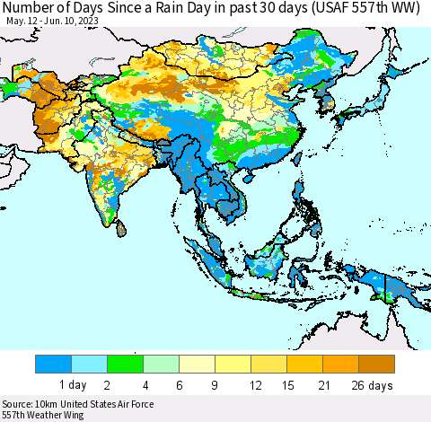 Asia Number of Days Since a Rain Day in past 30 days (USAF 557th WW) Thematic Map For 6/6/2023 - 6/10/2023