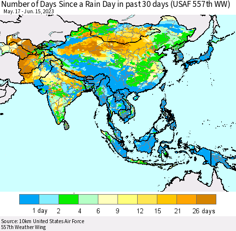 Asia Number of Days Since a Rain Day in past 30 days (USAF 557th WW) Thematic Map For 6/11/2023 - 6/15/2023