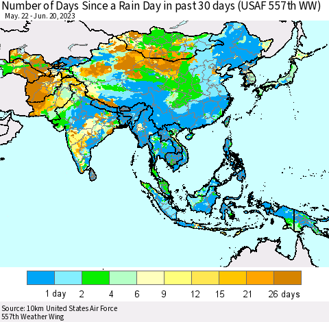 Asia Number of Days Since a Rain Day in past 30 days (USAF 557th WW) Thematic Map For 6/16/2023 - 6/20/2023