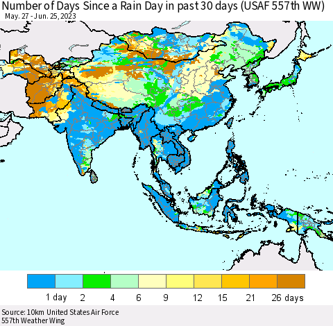 Asia Number of Days Since a Rain Day in past 30 days (USAF 557th WW) Thematic Map For 6/21/2023 - 6/25/2023