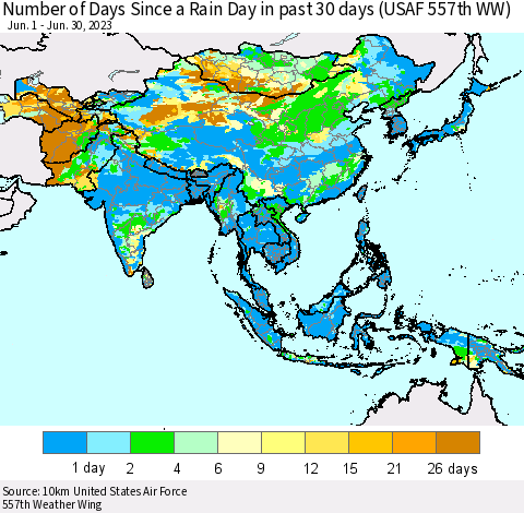 Asia Number of Days Since a Rain Day in past 30 days (USAF 557th WW) Thematic Map For 6/26/2023 - 6/30/2023