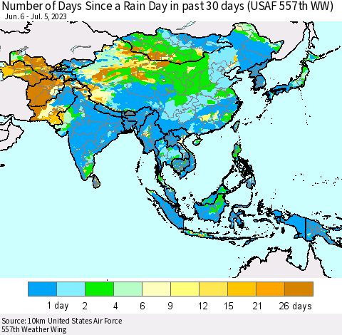 Asia Number of Days Since a Rain Day in past 30 days (USAF 557th WW) Thematic Map For 7/1/2023 - 7/5/2023