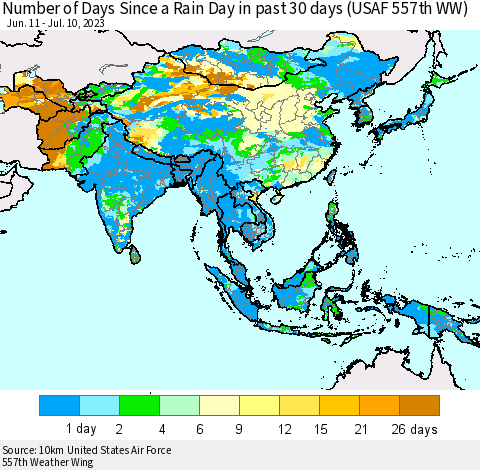 Asia Number of Days Since a Rain Day in past 30 days (USAF 557th WW) Thematic Map For 7/6/2023 - 7/10/2023