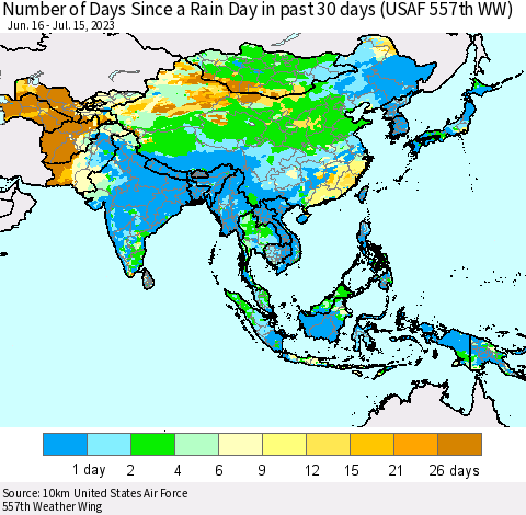 Asia Number of Days Since a Rain Day in past 30 days (USAF 557th WW) Thematic Map For 7/11/2023 - 7/15/2023