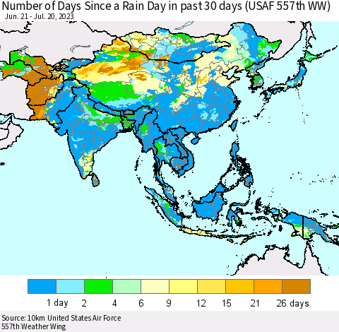 Asia Number of Days Since a Rain Day in past 30 days (USAF 557th WW) Thematic Map For 7/16/2023 - 7/20/2023