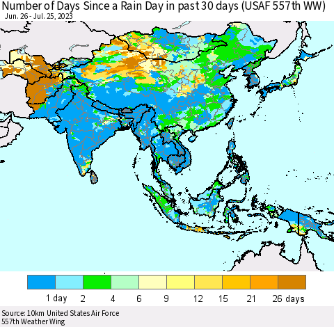 Asia Number of Days Since a Rain Day in past 30 days (USAF 557th WW) Thematic Map For 7/21/2023 - 7/25/2023