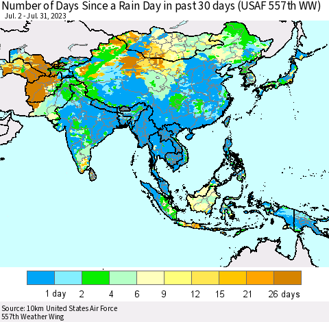 Asia Number of Days Since a Rain Day in past 30 days (USAF 557th WW) Thematic Map For 7/26/2023 - 7/31/2023