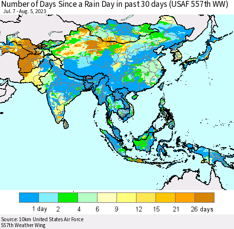 Asia Number of Days Since a Rain Day in past 30 days (USAF 557th WW) Thematic Map For 8/1/2023 - 8/5/2023