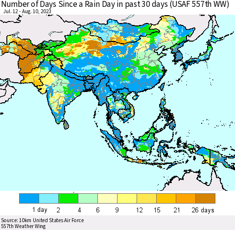 Asia Number of Days Since a Rain Day in past 30 days (USAF 557th WW) Thematic Map For 8/6/2023 - 8/10/2023