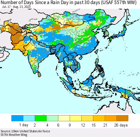 Asia Number of Days Since a Rain Day in past 30 days (USAF 557th WW) Thematic Map For 8/11/2023 - 8/15/2023