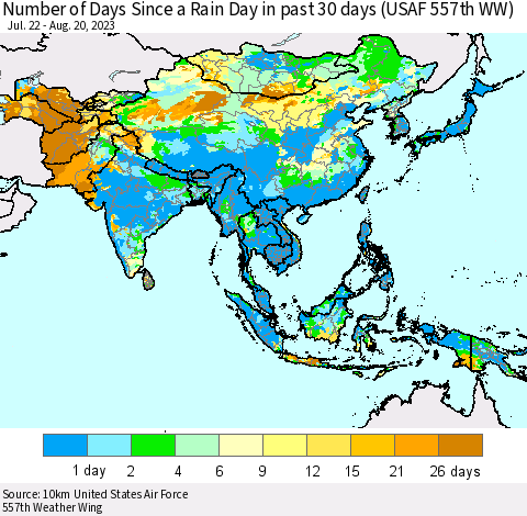Asia Number of Days Since a Rain Day in past 30 days (USAF 557th WW) Thematic Map For 8/16/2023 - 8/20/2023