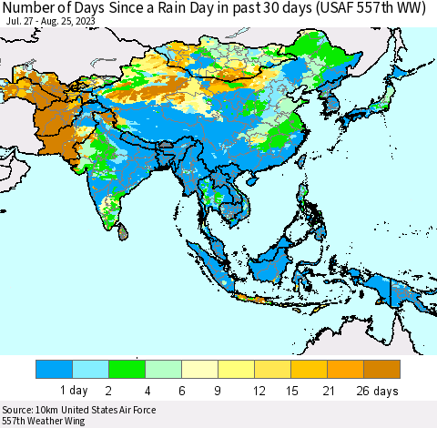 Asia Number of Days Since a Rain Day in past 30 days (USAF 557th WW) Thematic Map For 8/21/2023 - 8/25/2023