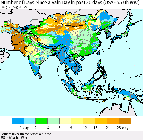 Asia Number of Days Since a Rain Day in past 30 days (USAF 557th WW) Thematic Map For 8/26/2023 - 8/31/2023