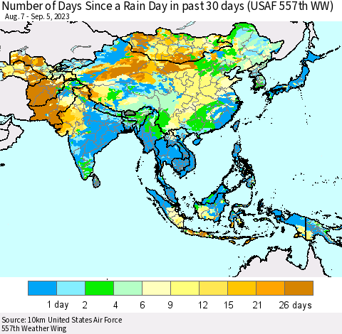 Asia Number of Days Since a Rain Day in past 30 days (USAF 557th WW) Thematic Map For 9/1/2023 - 9/5/2023