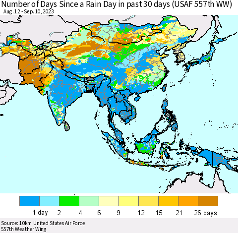 Asia Number of Days Since a Rain Day in past 30 days (USAF 557th WW) Thematic Map For 9/6/2023 - 9/10/2023