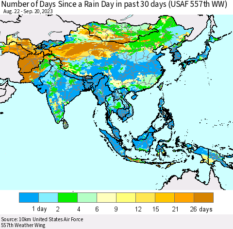 Asia Number of Days Since a Rain Day in past 30 days (USAF 557th WW) Thematic Map For 9/16/2023 - 9/20/2023