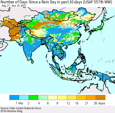 Asia Number of Days Since a Rain Day in past 30 days (USAF 557th WW) Thematic Map For 9/21/2023 - 9/25/2023
