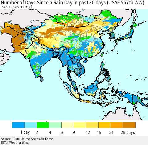 Asia Number of Days Since a Rain Day in past 30 days (USAF 557th WW) Thematic Map For 9/26/2023 - 9/30/2023