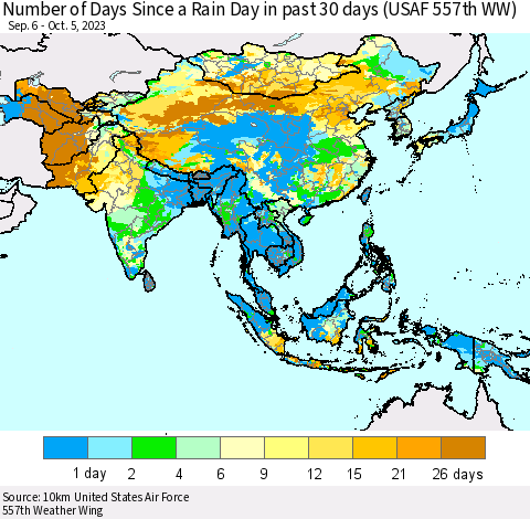 Asia Number of Days Since a Rain Day in past 30 days (USAF 557th WW) Thematic Map For 10/1/2023 - 10/5/2023