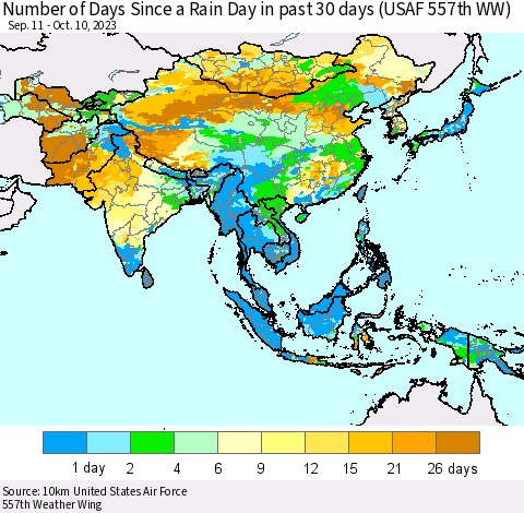 Asia Number of Days Since a Rain Day in past 30 days (USAF 557th WW) Thematic Map For 10/6/2023 - 10/10/2023