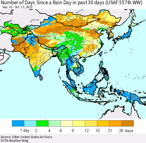 Asia Number of Days Since a Rain Day in past 30 days (USAF 557th WW) Thematic Map For 10/11/2023 - 10/15/2023