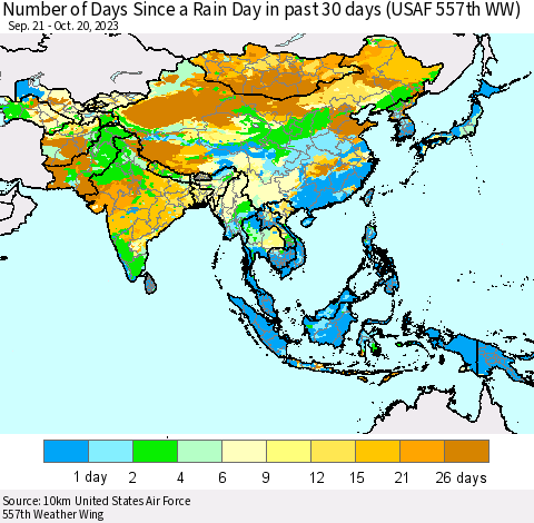 Asia Number of Days Since a Rain Day in past 30 days (USAF 557th WW) Thematic Map For 10/16/2023 - 10/20/2023