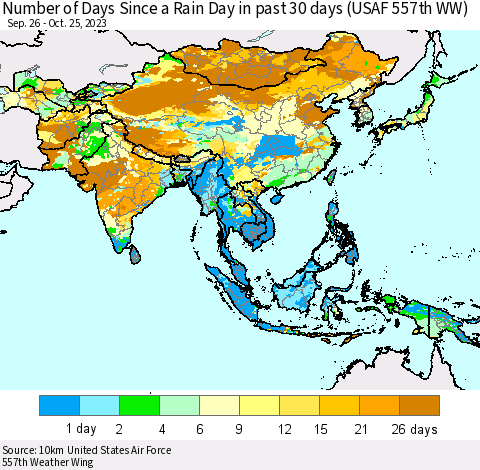 Asia Number of Days Since a Rain Day in past 30 days (USAF 557th WW) Thematic Map For 10/21/2023 - 10/25/2023