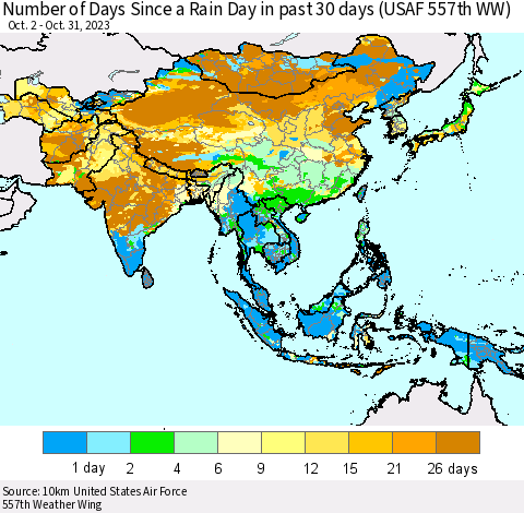 Asia Number of Days Since a Rain Day in past 30 days (USAF 557th WW) Thematic Map For 10/26/2023 - 10/31/2023