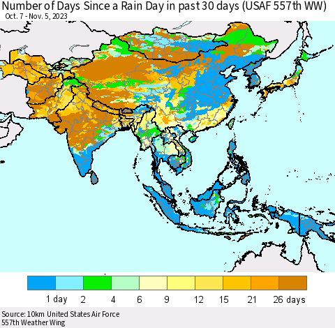 Asia Number of Days Since a Rain Day in past 30 days (USAF 557th WW) Thematic Map For 11/1/2023 - 11/5/2023