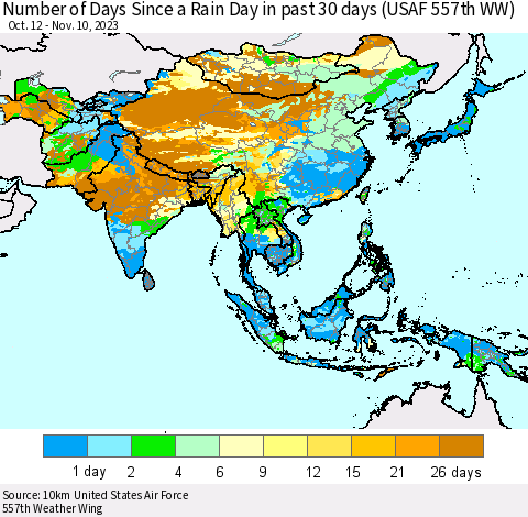 Asia Number of Days Since a Rain Day in past 30 days (USAF 557th WW) Thematic Map For 11/6/2023 - 11/10/2023